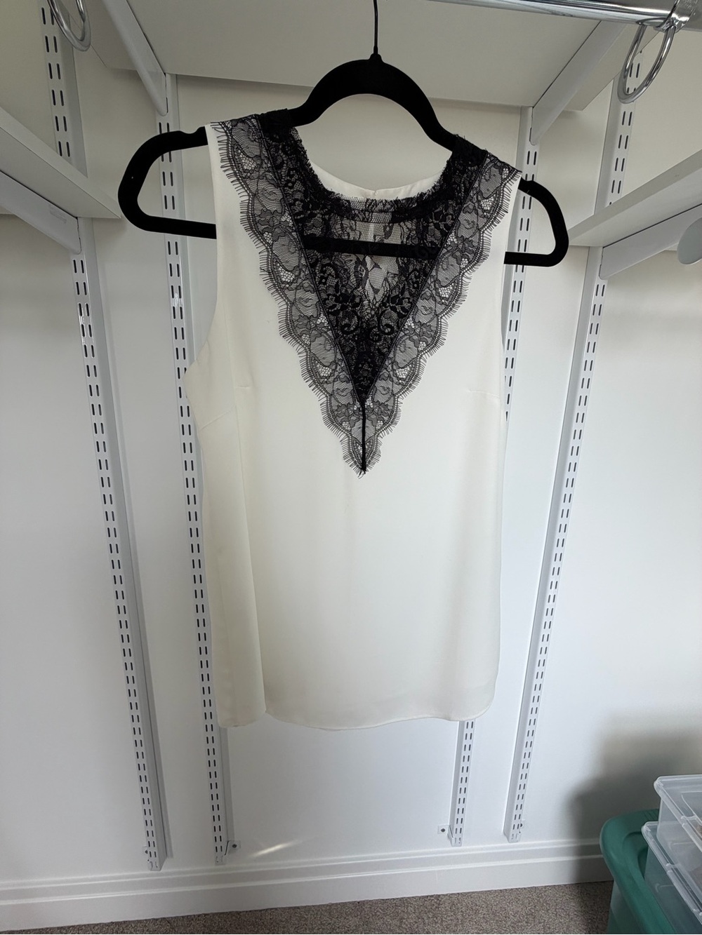 White House Black Market Cream Sleeveless Top with Black Lace V-Neck